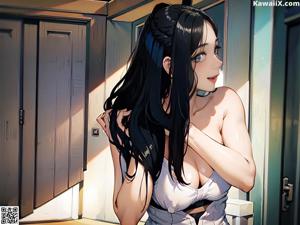 A woman with long black hair standing in a bathroom.
